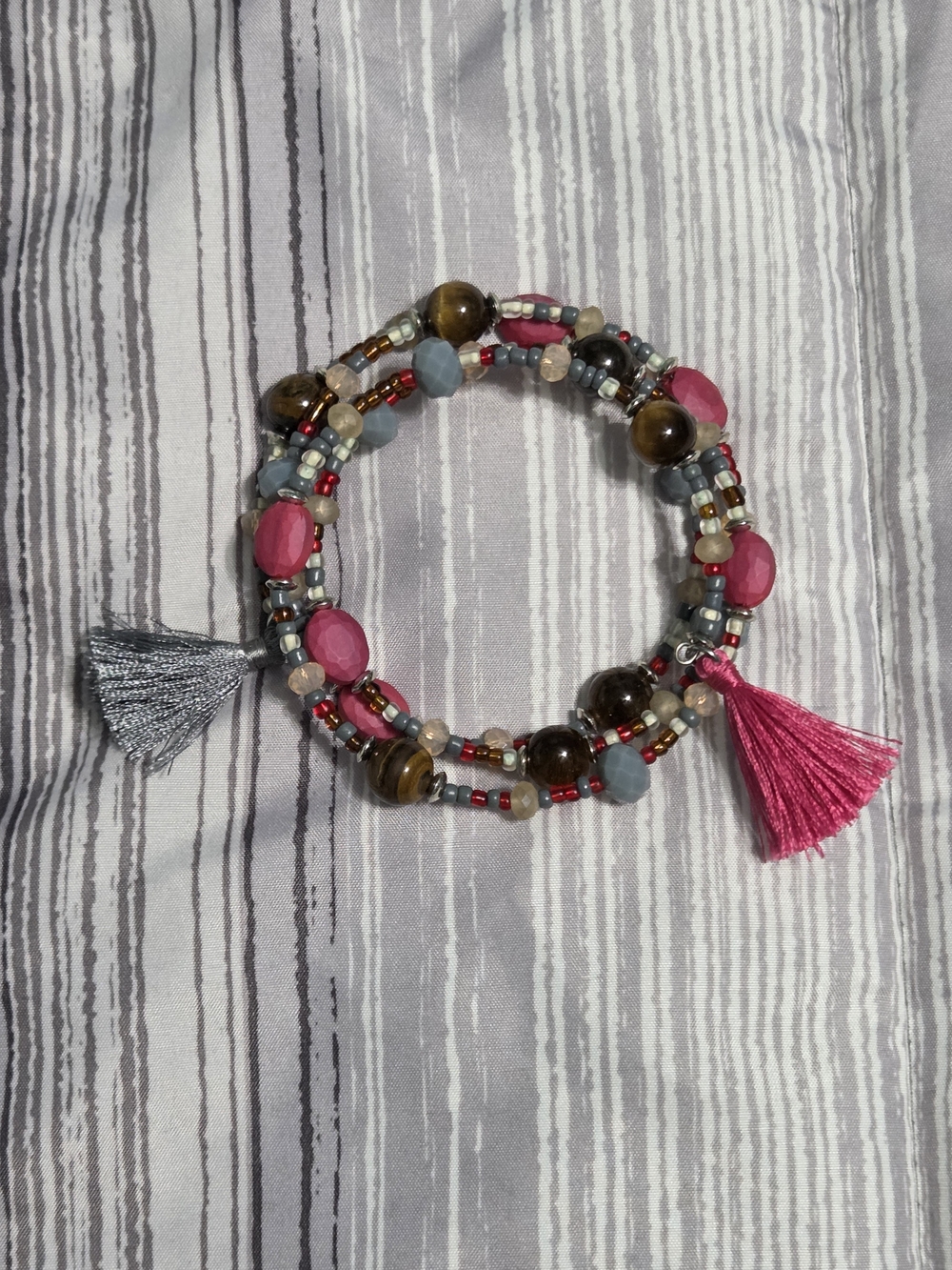 Fuchsia & Tiger's Eye Tassel Layered Wrap Bracelet